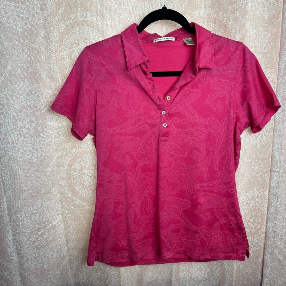 Fairway & Greene Golf Polo SS Shirt Pink Paisley 100% Mercerized Cotton Sz L